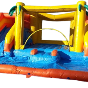 Gros-jeu-gonflable-deau-coloré-avec-palmier-une-glissade-de-chaque-côté-du-sautoir-et-qui-sont-tous-relié-par-une-piscine
