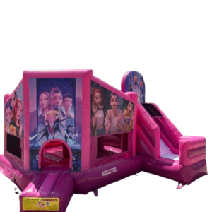 Jeu-gonflable-rose-à-thématique-de-k-pop-demon-hunters-avec-sautoir-et-glissade