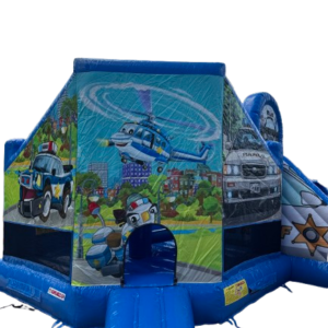 Jeu-gonflable-de-policier-avec-un-sautoir-à-obstacles-une-large-glissade