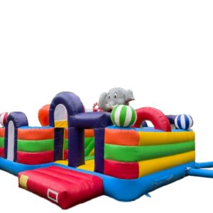 Jeu-gonflable-à-thématique-de-cirque-avec-tête-délephant-et-de-clown-avec-2-glissades-1-tunnel-et-plusieurs-obstacles